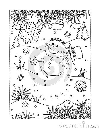 Snowman join the dots puzzle and coloring page Vector Illustration